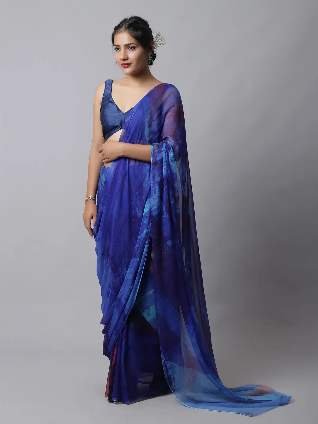 Dazzling Blue Silk Chiffon Saree with bold colors