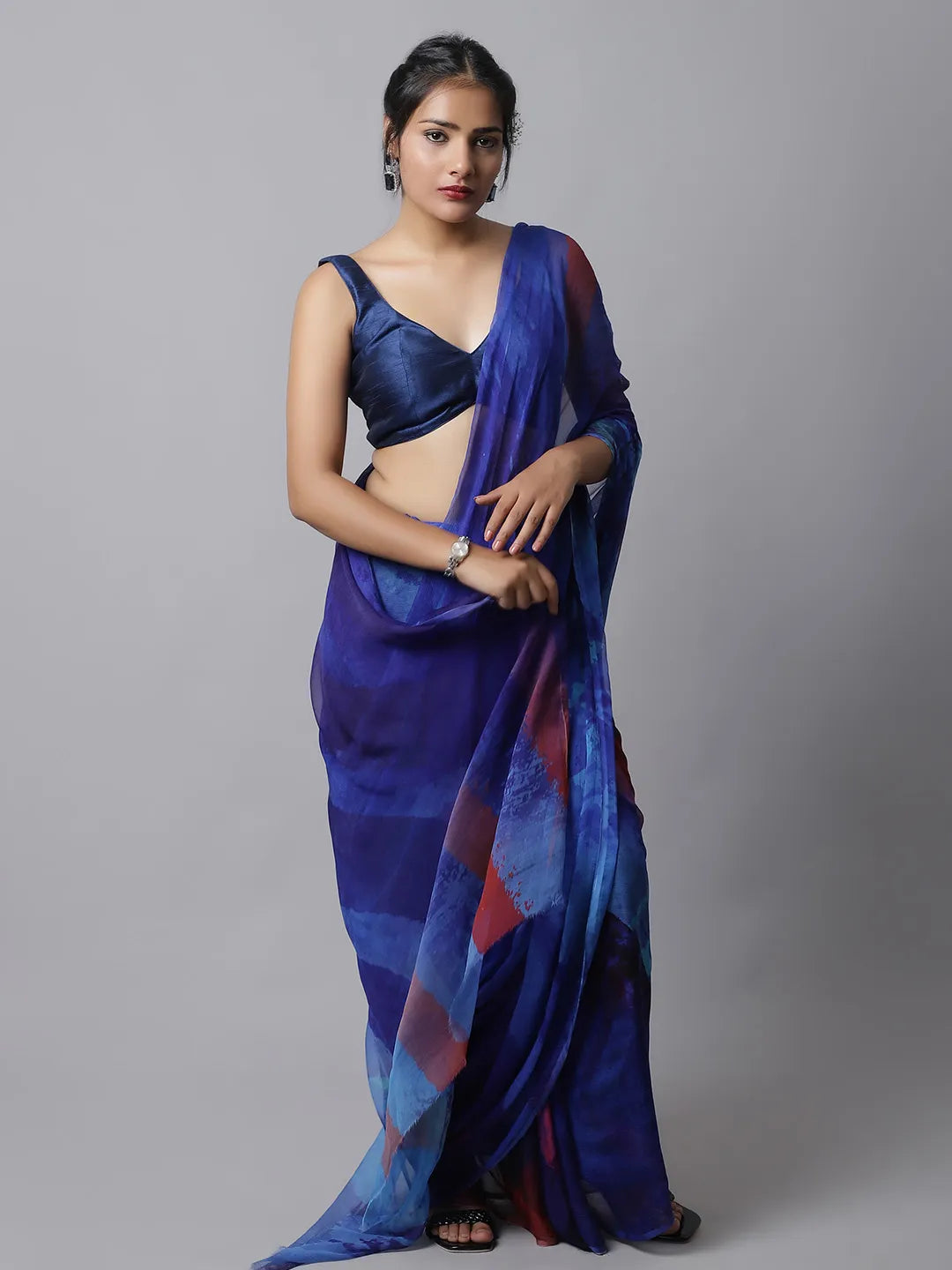 Dazzling Blue Silk Chiffon Saree with bold colors