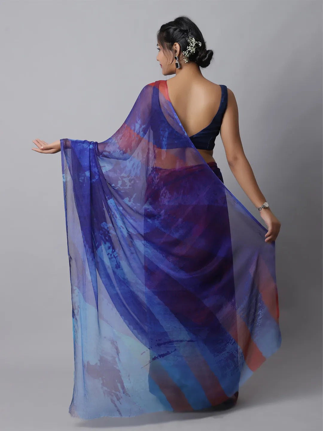 Dazzling Blue Silk Chiffon Saree with bold colors