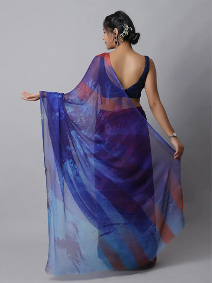 Dazzling Blue Silk Chiffon Saree with bold colors