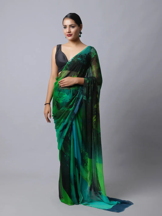Emerald Silk Chiffon Saree with Nature-Inspired Prints
