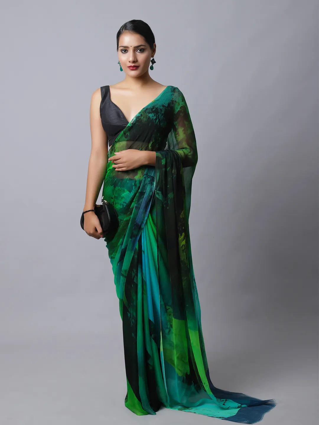 Emerald Silk Chiffon Saree with Nature-Inspired Prints