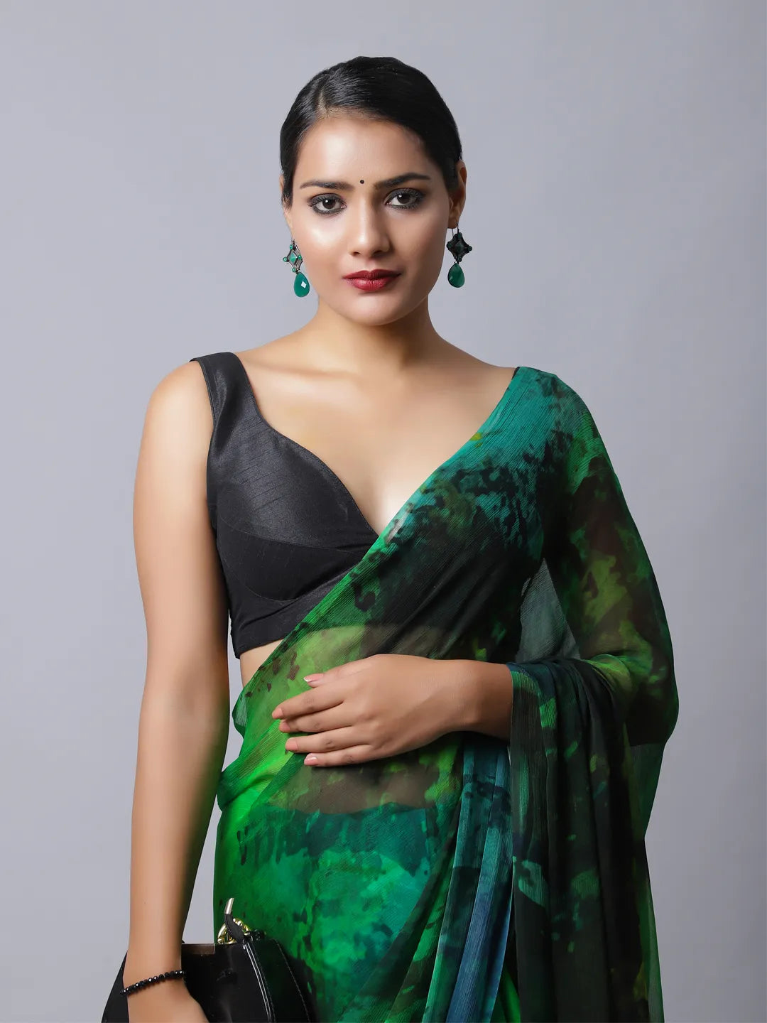 Emerald Silk Chiffon Saree with Nature-Inspired Prints