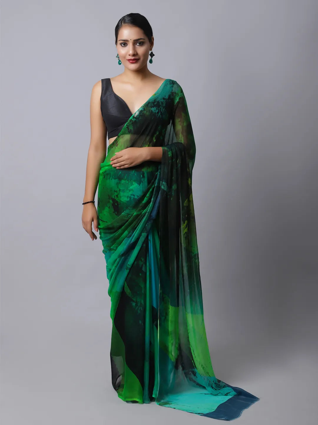 Emerald Silk Chiffon Saree with Nature-Inspired Prints
