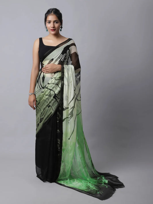 Fern Green Silk Chiffon Saree with nature-inspired patterns