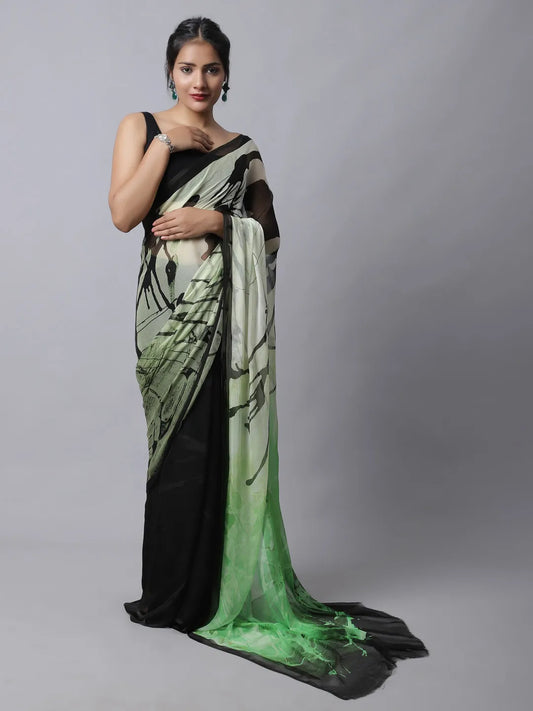 Fern Green Silk Chiffon Saree with nature-inspired patterns