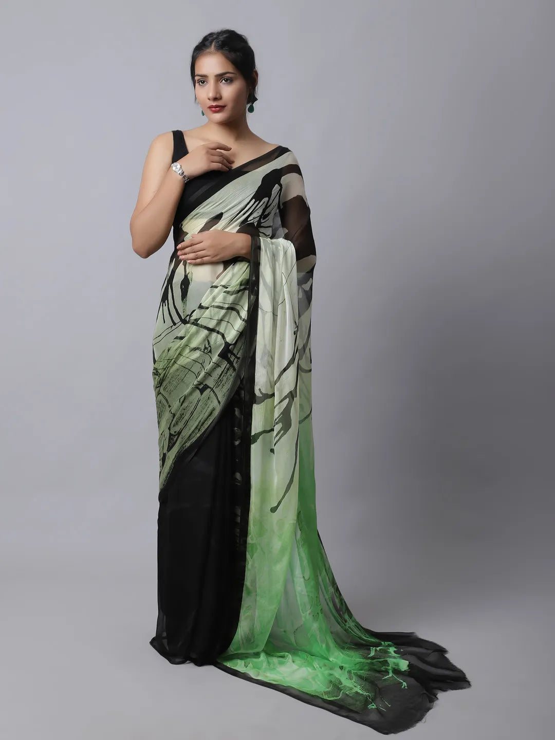 Fern Green Silk Chiffon Saree with nature-inspired patterns