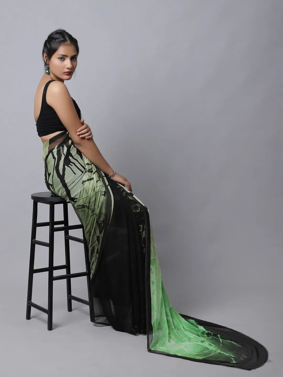 Fern Green Silk Chiffon Saree with nature-inspired patterns