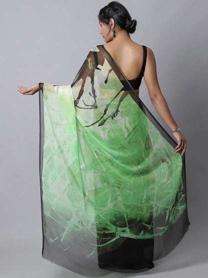 Fern Green Silk Chiffon Saree with nature-inspired patterns