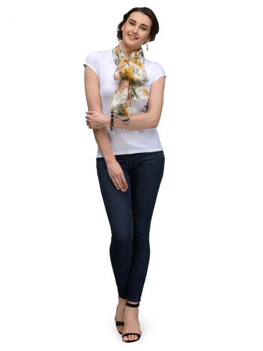 Golden Hibiscus Silk Satin Stole with Yellow Florals on Cream