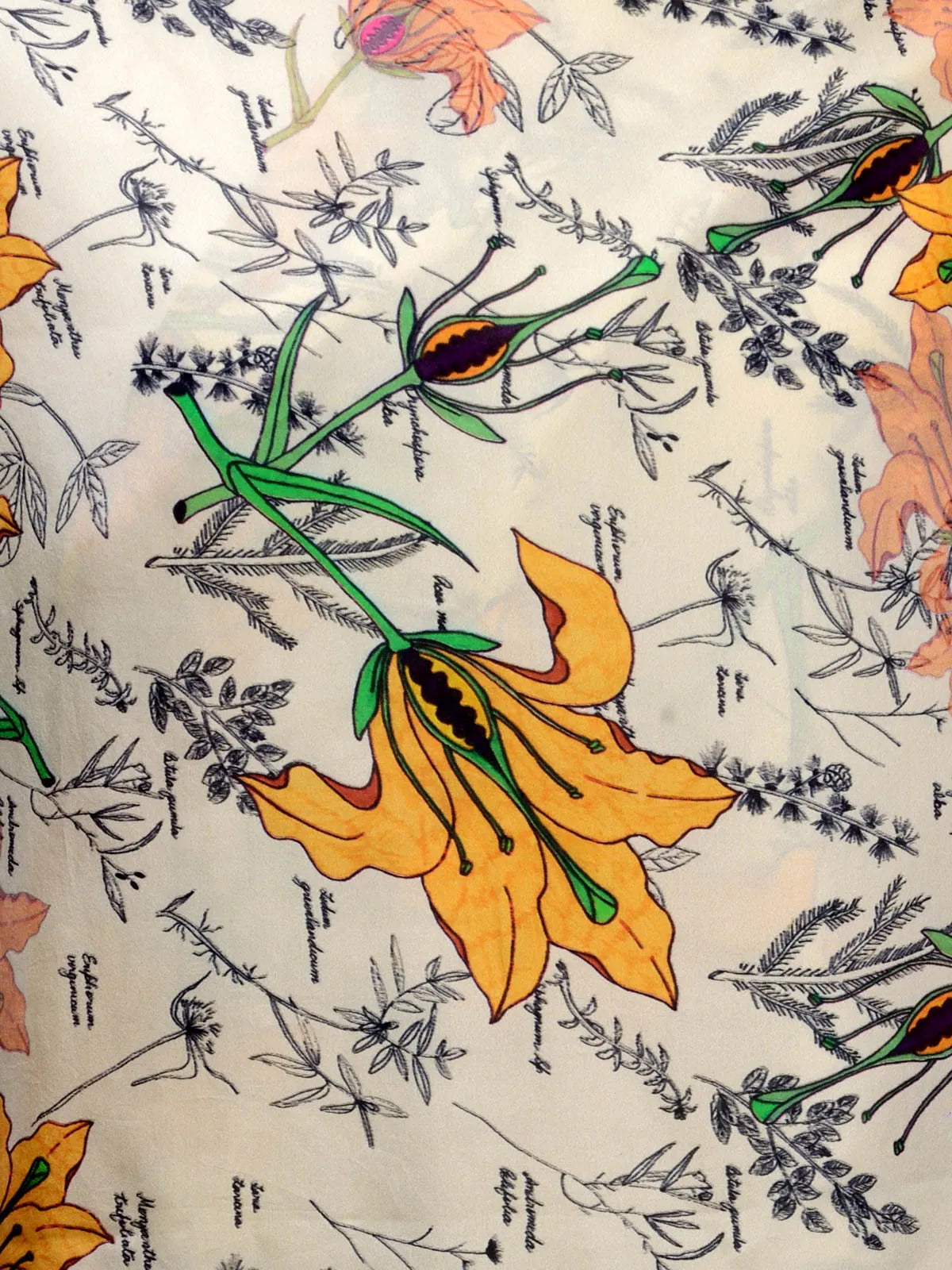 Golden Hibiscus Silk Satin Stole with Yellow Florals on Cream