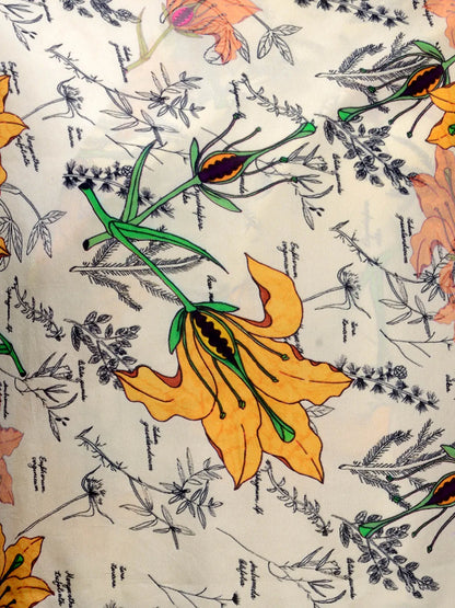 Golden Hibiscus Silk Satin Stole with Yellow Florals on Cream