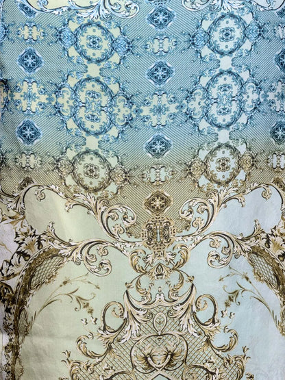 Baroque Ice Silk Satin Stole with Gold Trellis on Blue and Grey Base