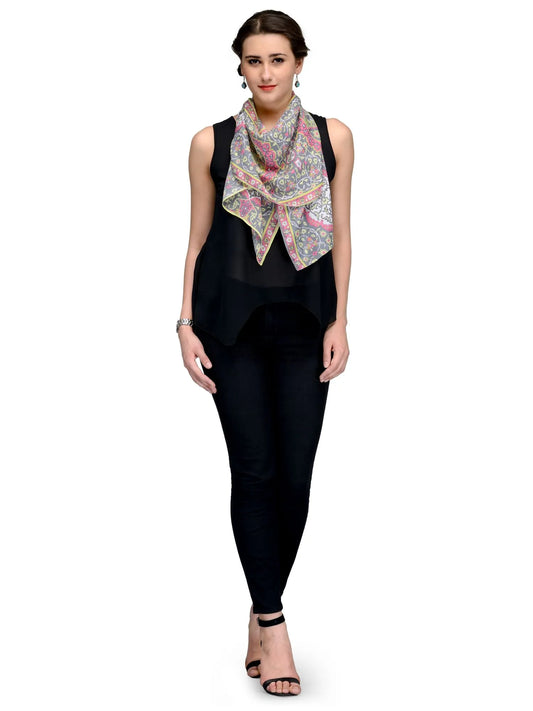Meenakar AshRose Silk Satin Stole with Pastel Arabesque Mughal Motif

