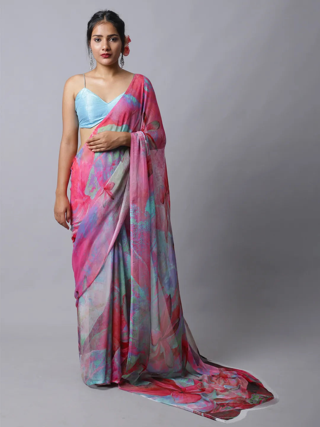 Hydra Pink Silk Chiffon Saree - Bold Pink Elegance