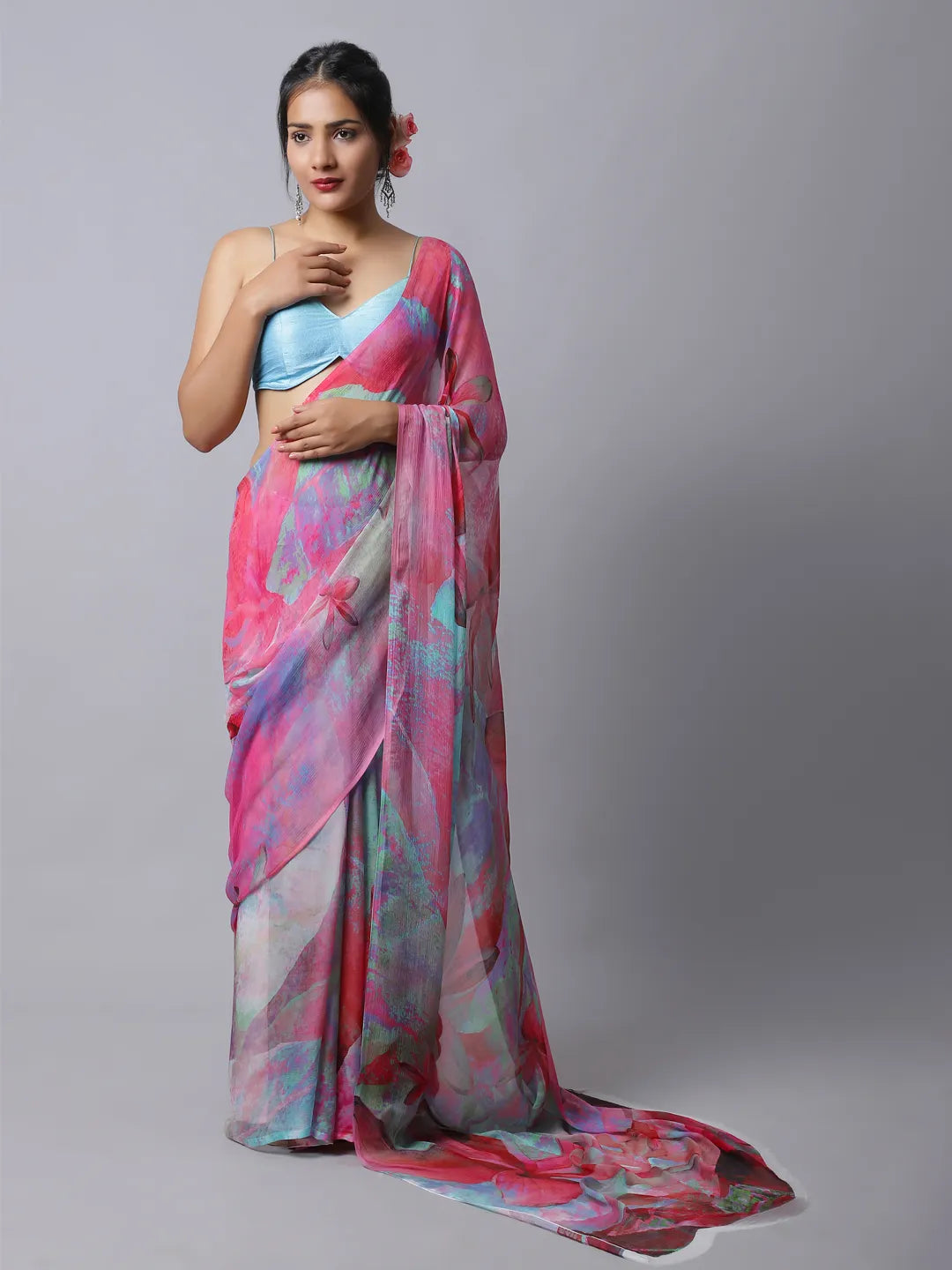 Hydra Pink Silk Chiffon Saree - Bold Pink Elegance