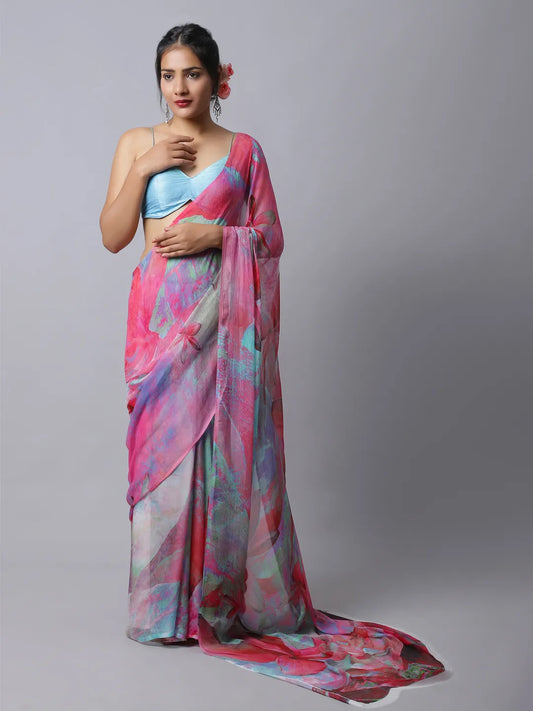 Hydra Pink Silk Chiffon Saree - Bold Pink Elegance