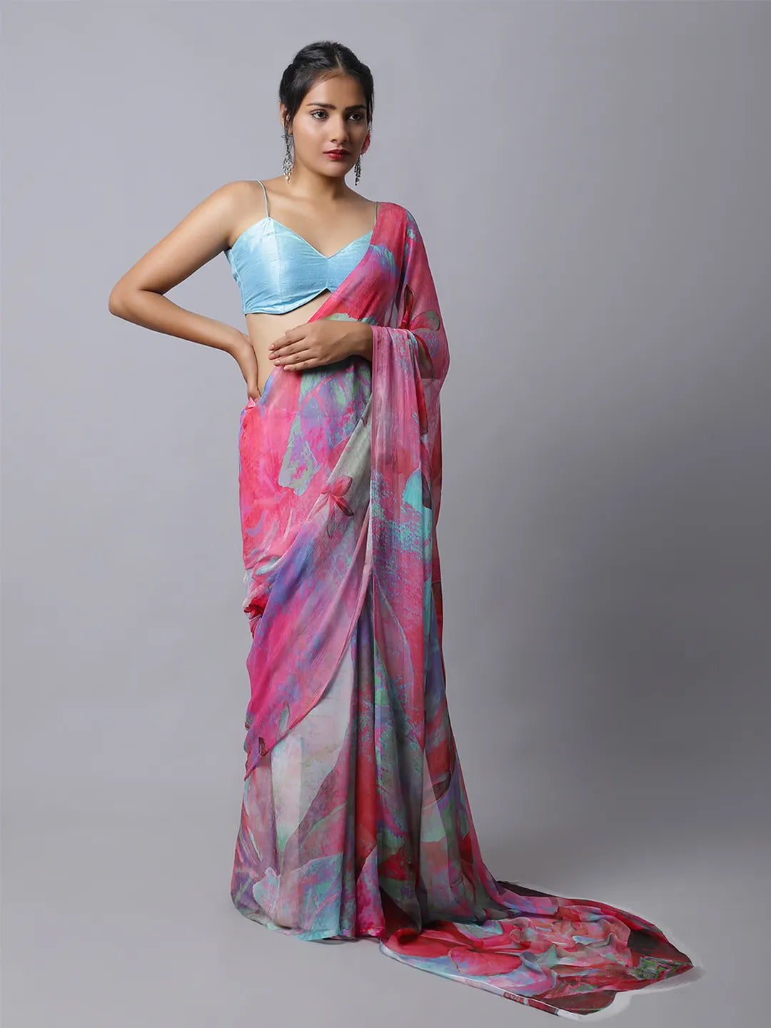Hydra Pink Silk Chiffon Saree - Bold Pink Elegance