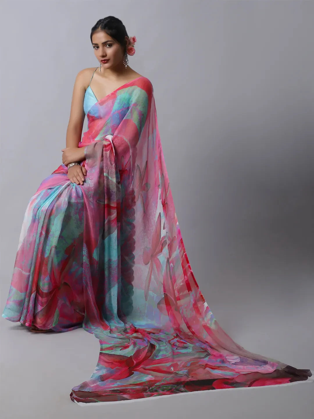 Hydra Pink Silk Chiffon Saree - Bold Pink Elegance