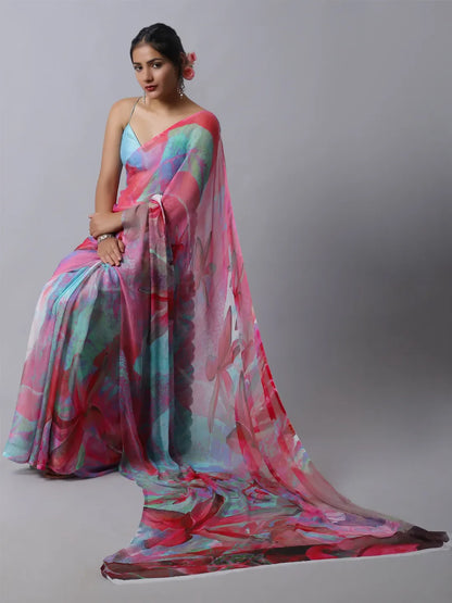 Hydra Pink Silk Chiffon Saree - Bold Pink Elegance