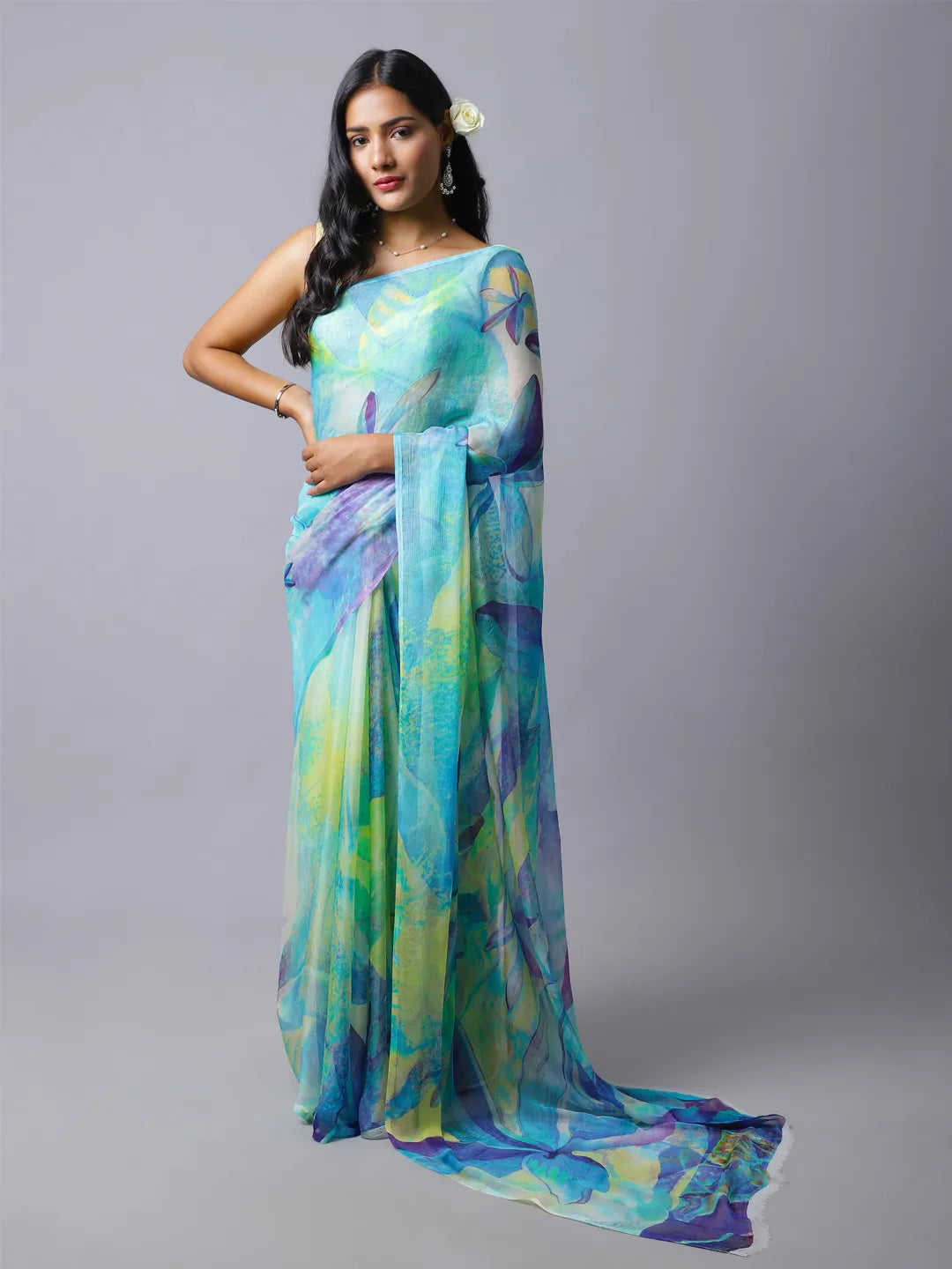 Iris Silk Chiffon Saree - Blue and Mint Floral Saree