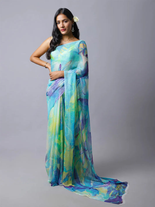 Iris Silk Chiffon Saree - Blue and Mint Floral Saree