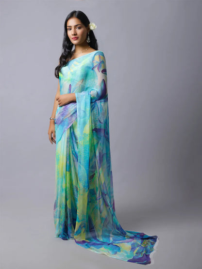 Iris Silk Chiffon Saree - Blue and Mint Floral Saree