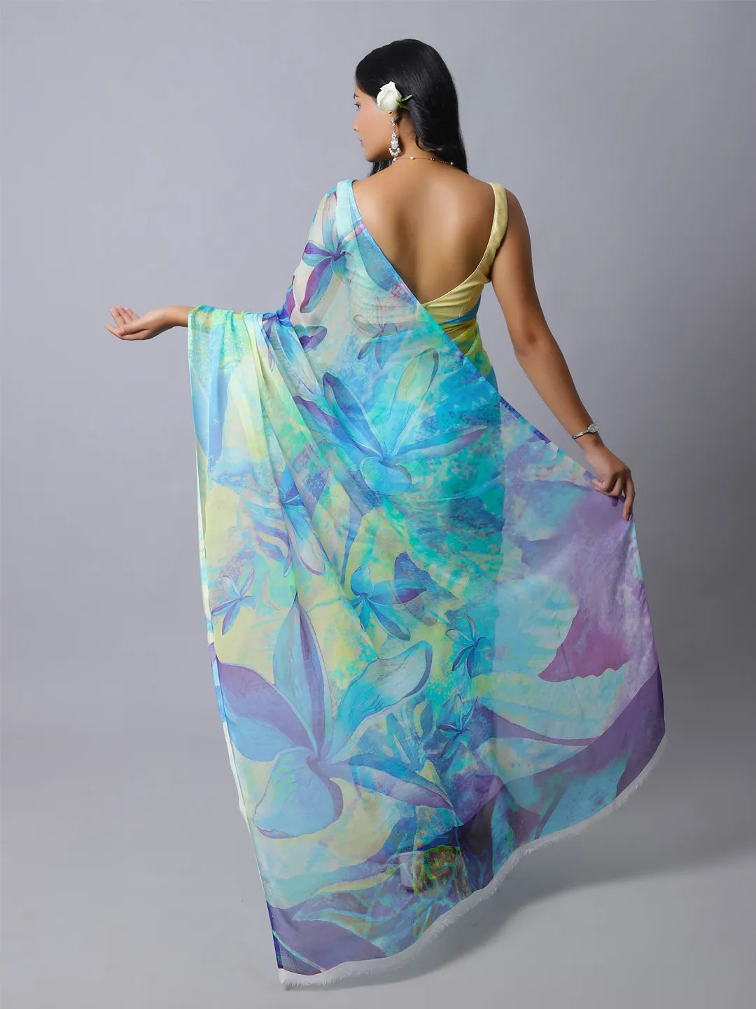 Iris Silk Chiffon Saree - Blue and Mint Floral Saree