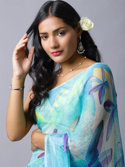 Iris Silk Chiffon Saree - Blue and Mint Floral Saree
