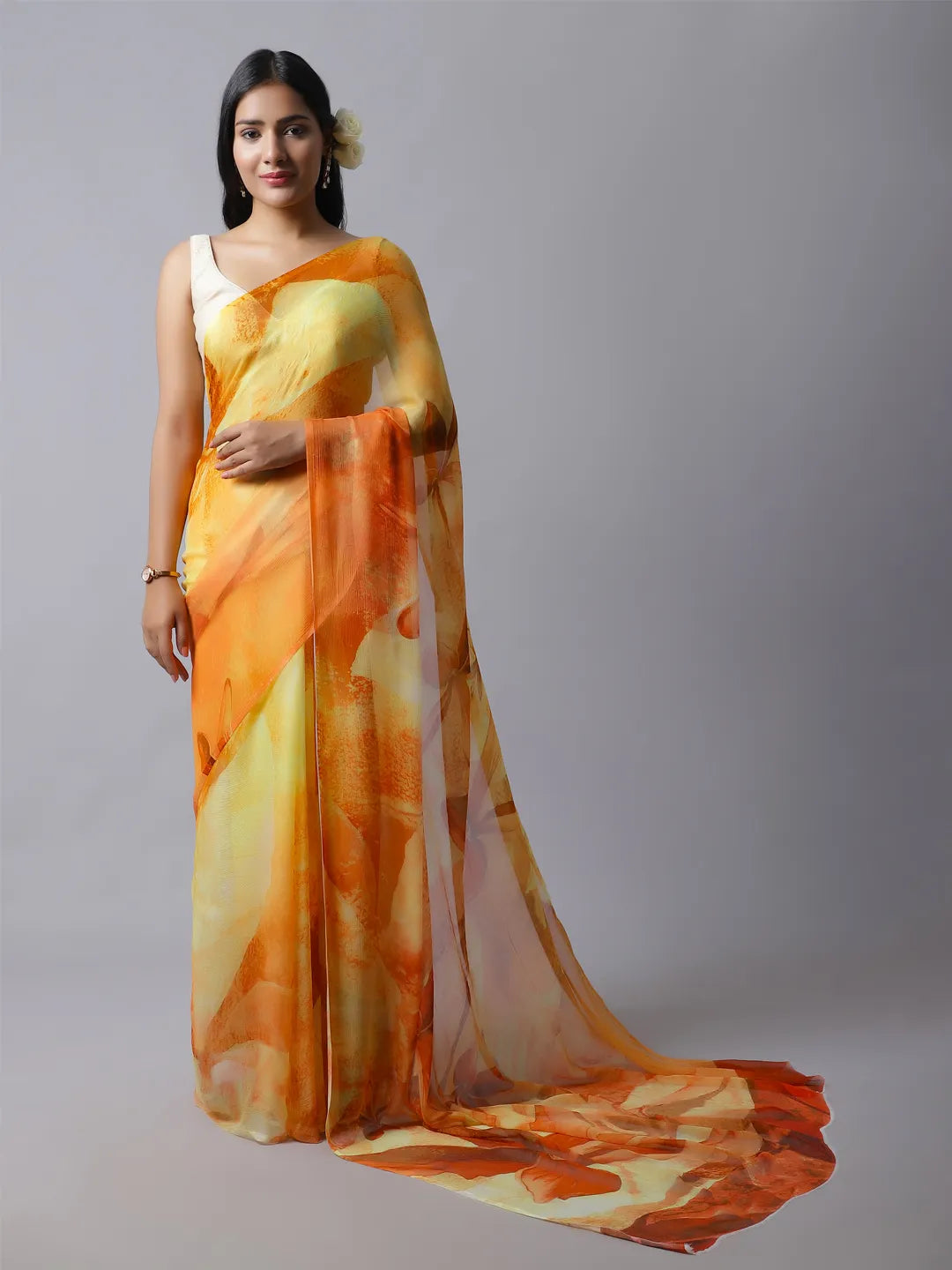 Kesar Silk Chiffon Saree - Traditional Yellow Saree