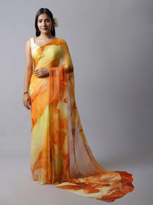 Kesar Silk Chiffon Saree - Traditional Yellow Saree