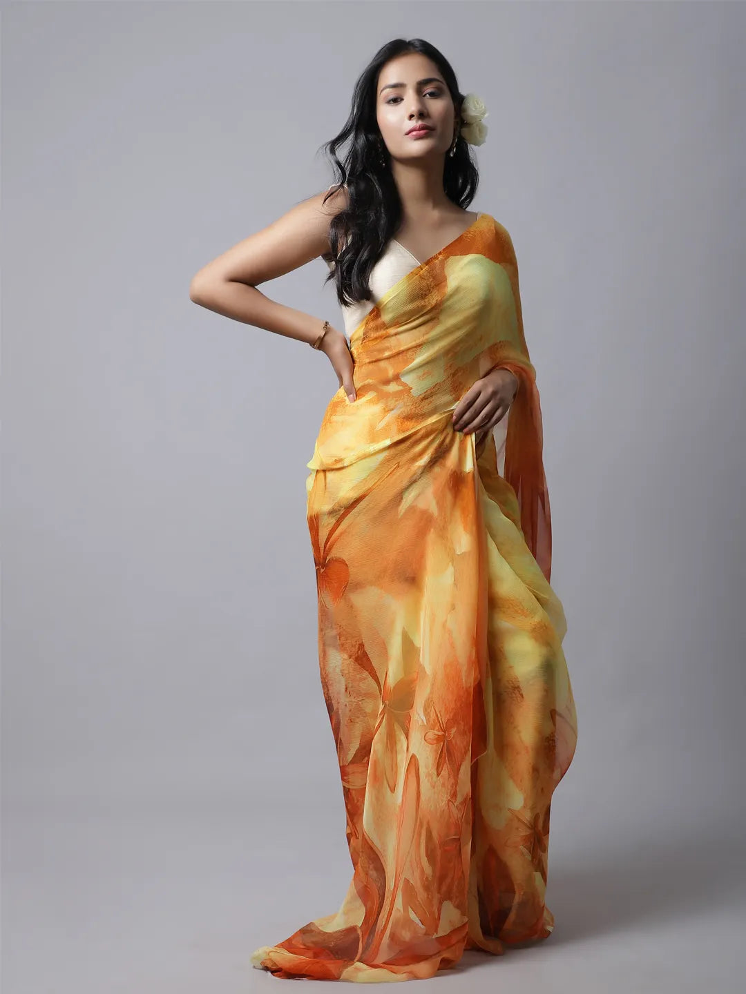 Kesar Silk Chiffon Saree - Traditional Yellow Saree