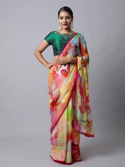 Lantana Silk Chiffon Saree - Multicolor Floral Design