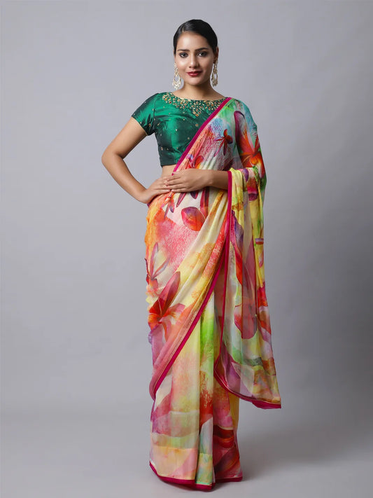 Lantana Silk Chiffon Saree - Multicolor Floral Design
