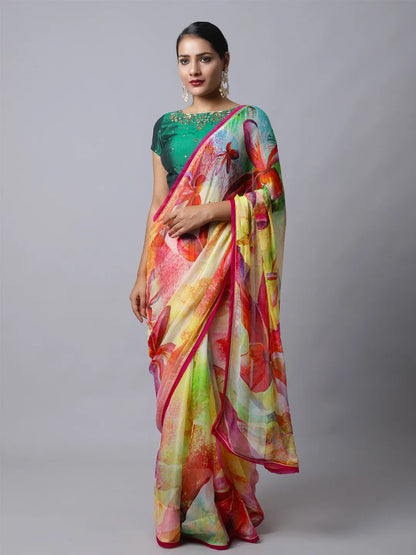 Lantana Silk Chiffon Saree - Multicolor Floral Design