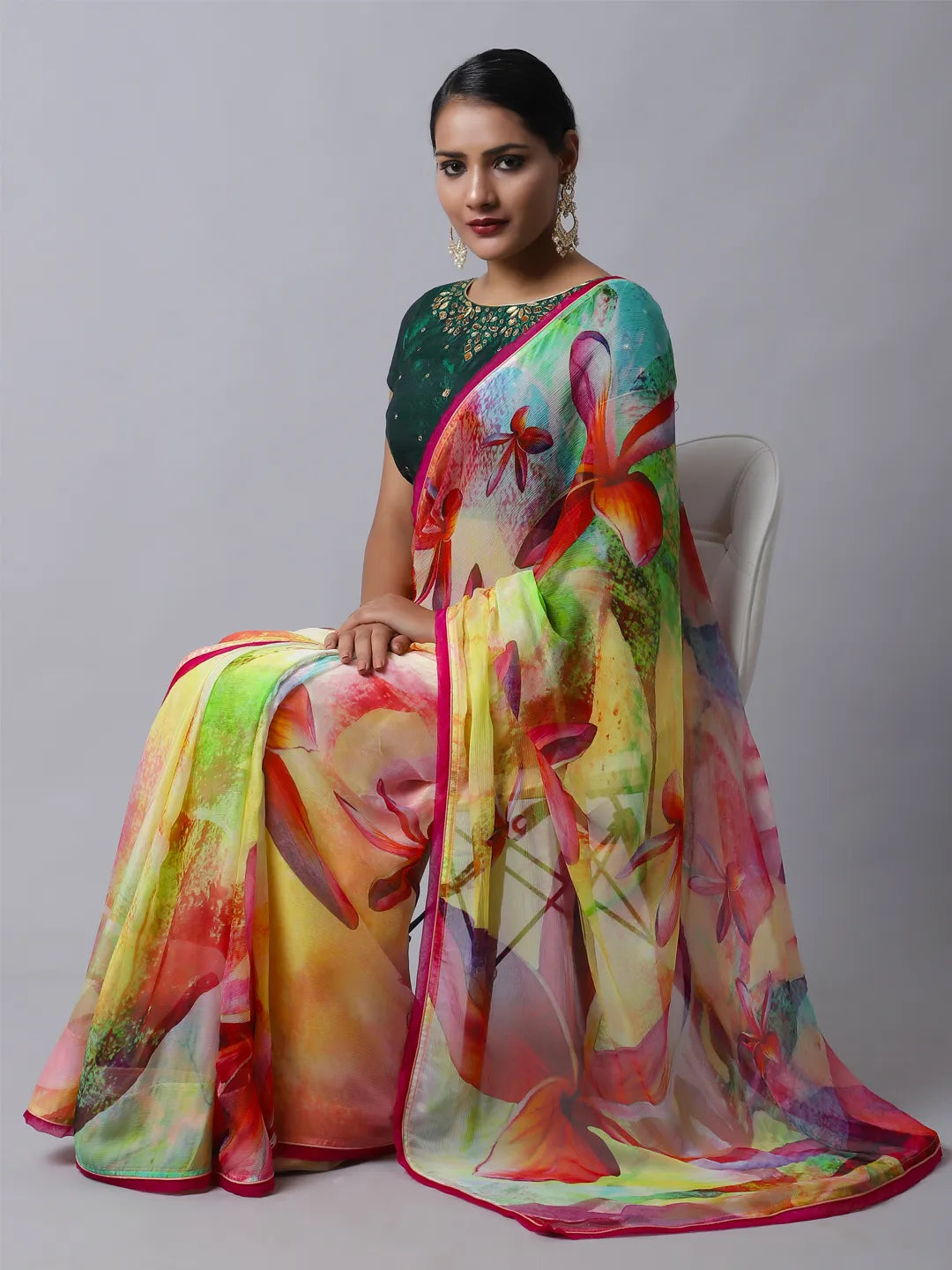 Lantana Silk Chiffon Saree - Multicolor Floral Design