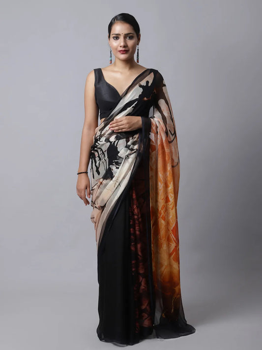 Monarch Silk Chiffon Saree in bold orange