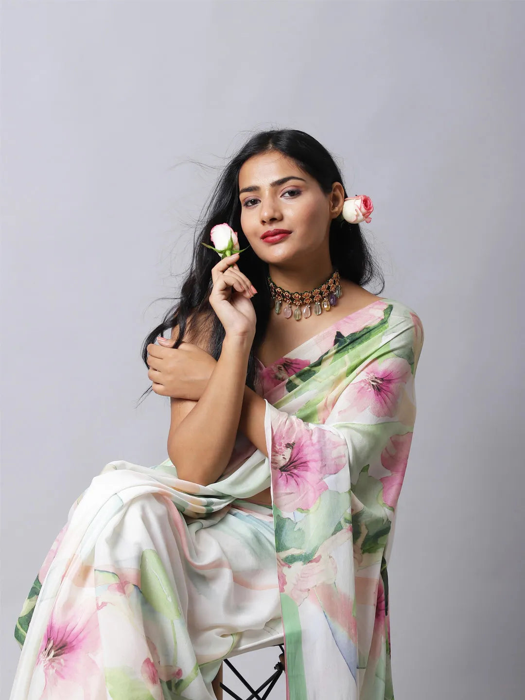 Moonlight Rose Crepe Silk Saree in soft hues