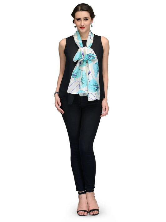 Blue Sky Lily Silk Satin Stole with White Floral on Cream