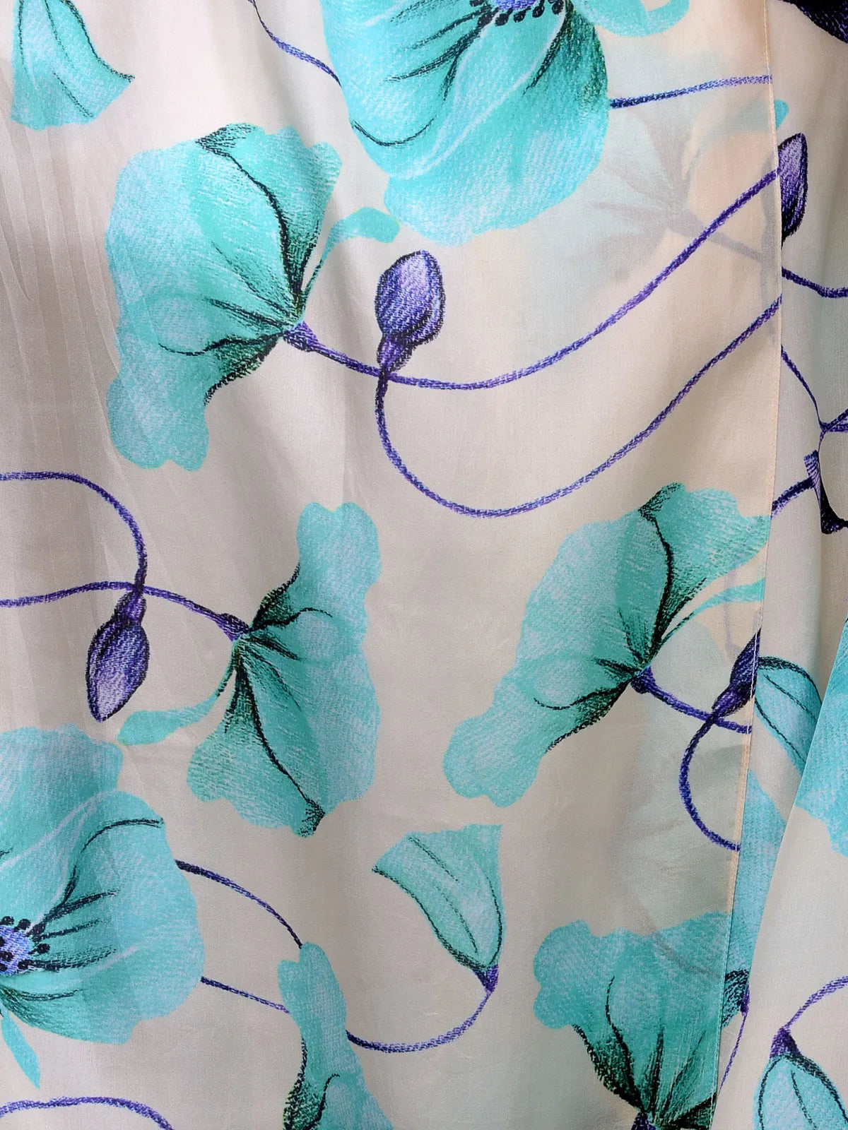 Blue Sky Lily Silk Satin Stole with White Floral on Cream