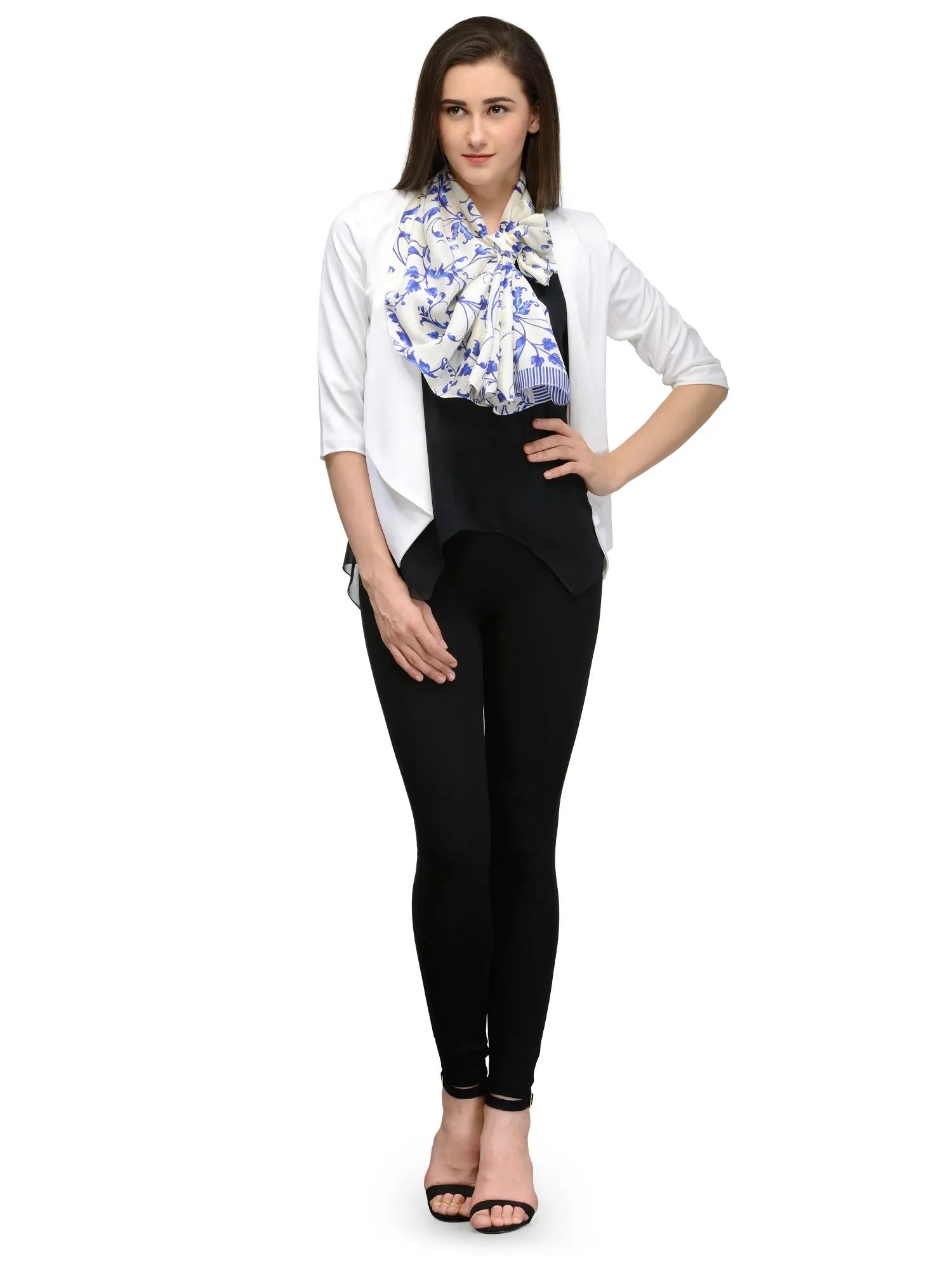 Blue Toile Silk Satin Stole with English Monochrome Toile-Style Floral Design