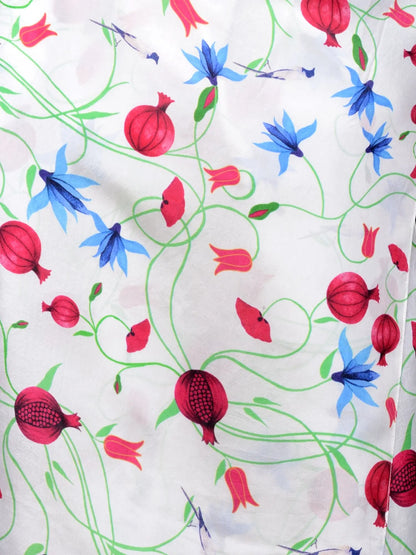 Pomo Ivory Bagh Silk Satin Stole with Red Pomegranates and Green Leaf Motif