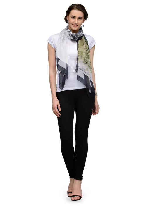 Olive Drift Silk Chiffon Stole | Green and Black Ink Flow Texture Scarf  