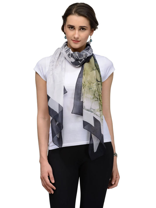 Olive Drift Silk Chiffon Stole | Green and Black Ink Flow Texture Scarf  
