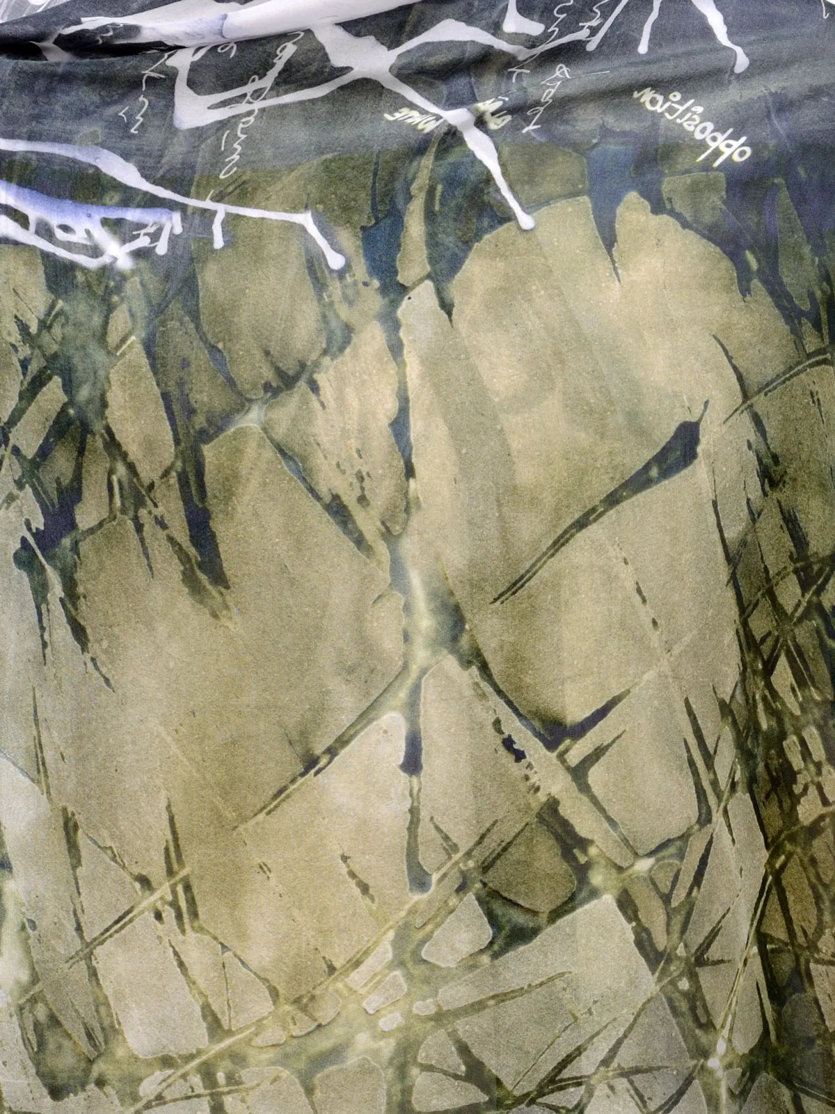 Olive Drift Silk Chiffon Stole | Green and Black Ink Flow Texture Scarf  