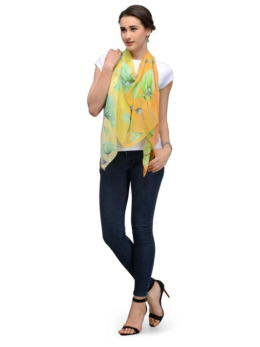 CitrusLily Yellow and Green Silk Chiffon Stole | Hand-Sketched Botanical Floral Scarf  
