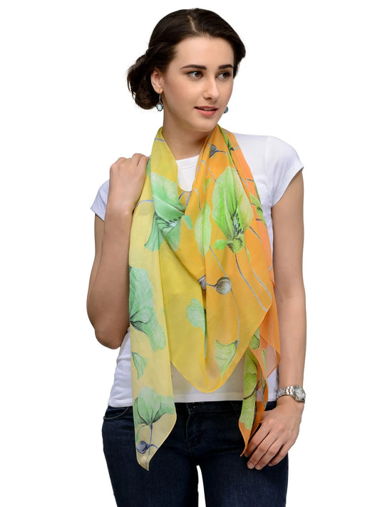 CitrusLily Yellow and Green Silk Chiffon Stole | Hand-Sketched Botanical Floral Scarf  