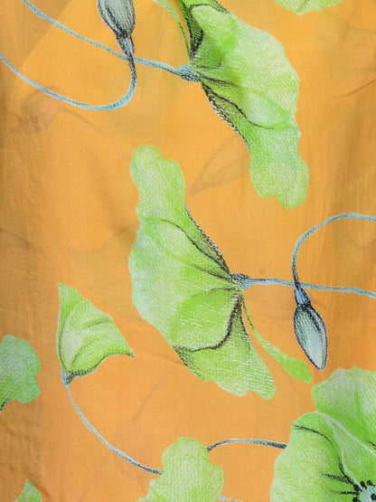 CitrusLily Yellow and Green Silk Chiffon Stole | Hand-Sketched Botanical Floral Scarf  