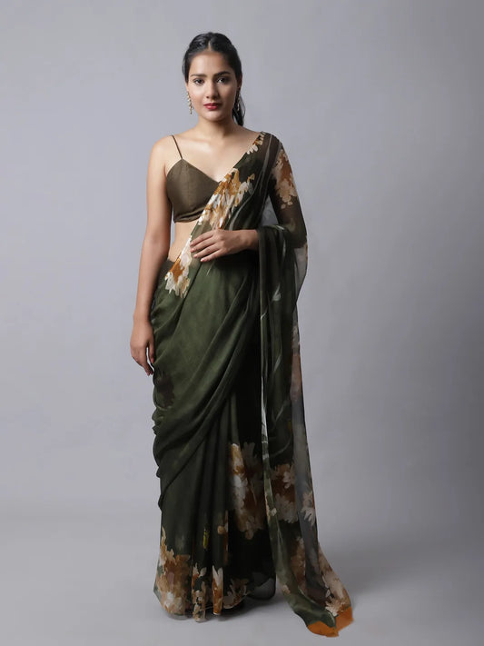 Olive Eden Silk Chiffon Saree with earthy tones