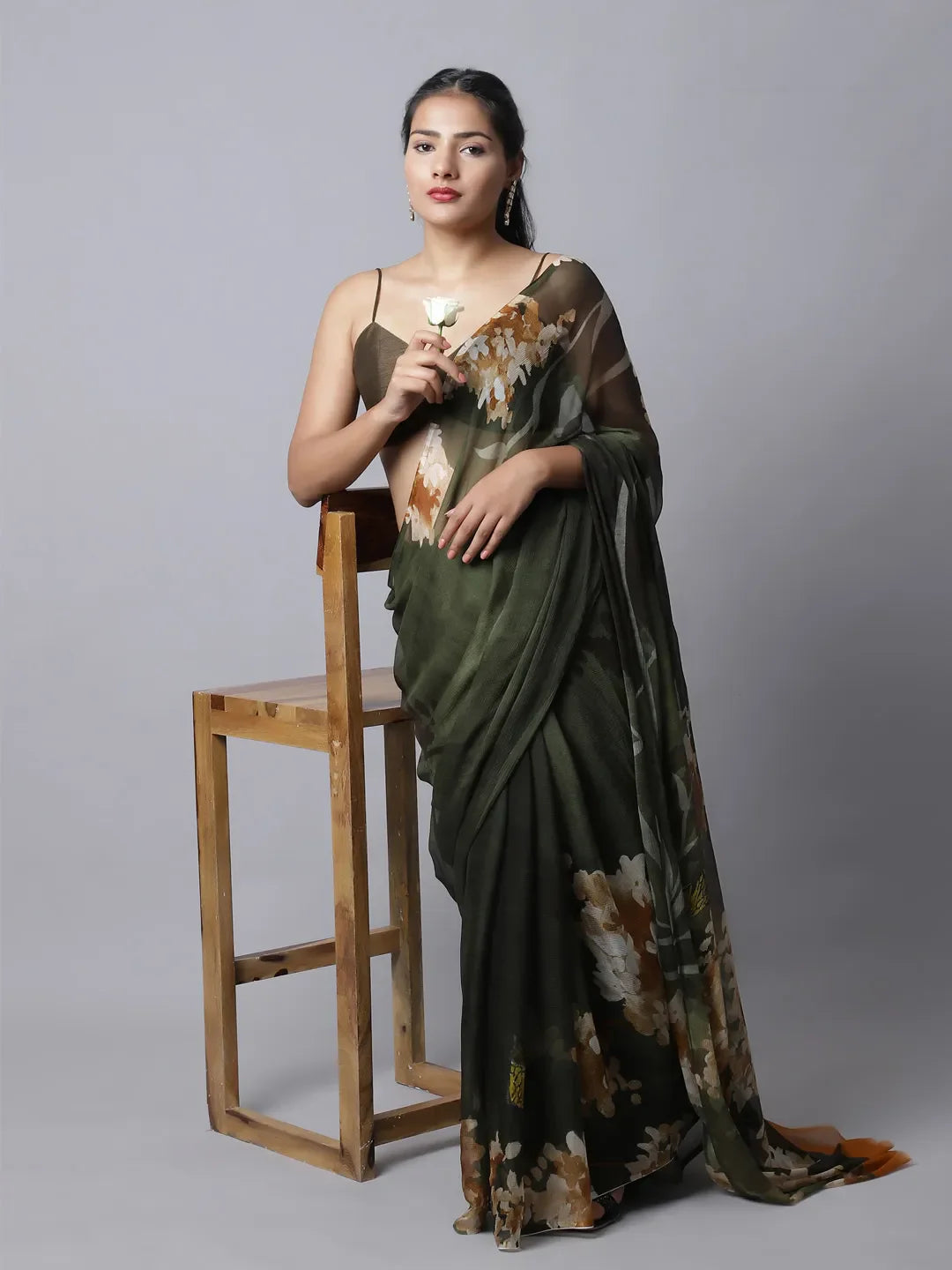 Olive Eden Silk Chiffon Saree with earthy tones